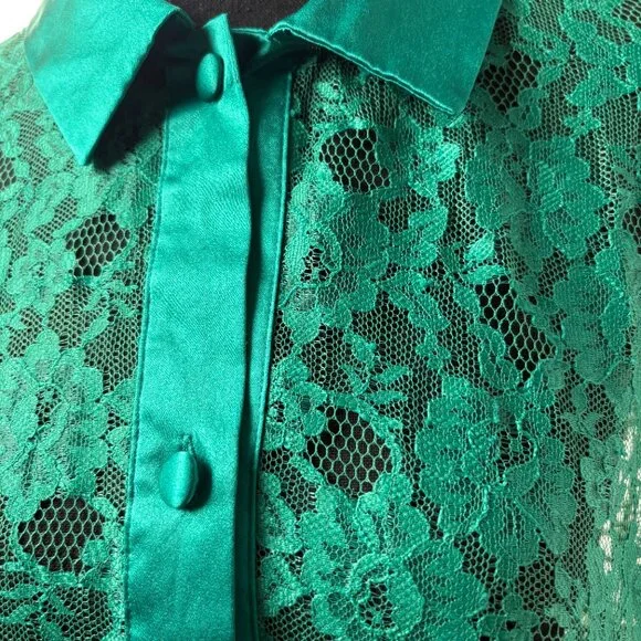 VICTORIA'S SECRET | Vtg GOLD Label Sheer Green Lace Sleep Shirt 80s 90s Sz M/L - Picture 7 of 16